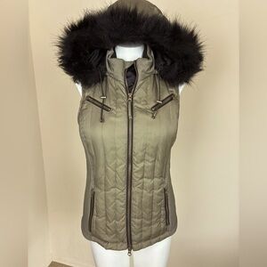 Goode Rider Olive Luxury Goose Down Women's Equestrian Vest, Faux Fur Hood- S
